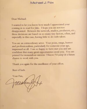 Michael Angarano Instagram - here’s something nice... i recently found this note that Michael J. Fox wrote to me after I screen tested for a pilot he wrote. i have always said that because i started acting so young i didn’t really have an acting role model, but as i grew up Michael J. Fox became it for me. i’ve watched Back to the Future more times than any other movie. i was 14 years old when i auditioned and was so nervous to meet him because i knew there wasn’t any way i wouldn’t tell him how much i loved him. he actually came in the waiting room to wait with me before the audition. i ended up not getting the part and was very disappointed. but meeting him and having this letter meant more to me than any job ever could.
