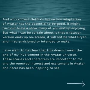 Michael Dante DiMartino Instagram - @bryankonietzko also wrote a statement concerning our departure.
🌊⛰🔥🌪
.
.
.
.
.
.
#avatar #avatarthelastairbender #michaeldantedimartino #legendofKorra #avataraang #avatarkorra #avatarfandom #fantasytvseries #korra #uncleiroh #iroh #stoicphilosophy #irohquotes