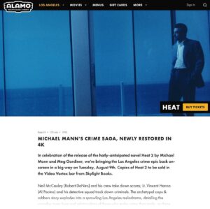 Michael Mann Instagram - HEAT in 4K screening all day August 9th at Alamo Drafthouse Los Angeles to celebrate release day for HEAT 2 and the new 4K UltraHD disc of HEAT from 20th Century Studios.