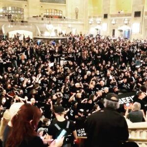 Michael Moore Instagram - Standing shoulder to shoulder with our Jewish brothers and sisters who are screaming NOT IN OUR NAME! Last night, thousands of Jewish New Yorkers and their allies held a massive civil disobedience sit-in at Grand Central Station demanding an immediate ceasefire. #LetGazaLive Jewish Voice for Peace @jvpny says the sit-in was the largest act of civil disobedience in New York City in nearly two decades. It was moving and inspiring. Let us all join together for peace.  #CeaseFireNow