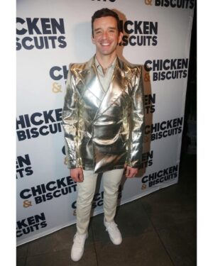 Michael Urie Instagram - Big thanks to @sammyratelle and co for this fierce opening night look and to @bruglikas for finding the right light to keep from blinding the entire party with this jacket! Creative Direction by @sammyratelle for @rrrcreative Agency 
Fashion Assistant: @ashleydaistephens 
Jacket by @landerosnewyork 
Shirt and Pants by @privatepolicyny 
Fine Jewelry by @verdurajewelry 
Shoes @nike  photo by @bruglikas for @officialbroadwayworld @chickenandbiscuitsbway