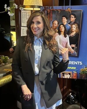 Michaela Watkins Instagram - Got gussied up to celebrate the launch of #DinnerWithTheParents. First 4 episodes drop on @amazonfreevee tomorrow! It’s a family comedy and it’s nuts. Based on the British show #FridayNightDinner. I have the best cast mates. #carolKane #danbakkedahl @henryhallmusic @danielthrasher @jahnglayzer @iris.bahr @izukahoyle @robdelaney @officialchristineadams @mirceamonroe and created written by @jonbeckerman as well as some other amazing writers who made it so fun. So many people to thank and name. Please forgive me. @bigtalk @cbstvstudios @ginalyonstv #comedy #family #dinner #newseries 

(PS: thanks @nataliemoralesloves and @amyslomo  and @fred4all for the best premiere posse I could hope for) 

Glam team A    : 
Makeup goddess: @lizlash always forever 
Hair goddess: @nickichestnut 
style goddess: @ecduzit 

Dress: Maje @mahj.to.go 
Blazer: Another Tomorrow @anothertomorrow 
Boots: Jimmy Choo @jimmychoo 
Jewelry: Jenny Bird @_jennybird 
Bag: Clare Vivier @clarevivier