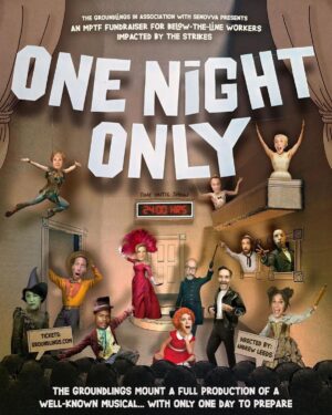 Michaela Watkins Instagram - Ok. I’m crapping myself but i am doing this. 24 hours to mount an entire musical with the most sick-ass cast you ever did see trudge through an entire musical chosen, cast, rehearsed and choreographed in 24 frickin hours. 😵‍💫😵🥴😬🫨🫨🫨🫨🫨🫨 get your tickets stat! October 26. Benefitting our film and tv crews who’ve had to sadly be out of work as long as the writers and actors are. 

Repost from @thegroundlings
•
ONE NIGHT ONLY is a one night only fully-realized production of a well-known Broadway musical where the improvisors are given the script and their roles with only 24 hours to prepare. The audience finds out what the show is when the curtain rises on the most terrified group of actors you will ever see. Starring Kristen Bell, Kristen Wiig, Will Forte, Ana Gasteyer and So Many More! ( @iamtimbagley @kristenanniebell @fakejordanblack @alexbonifer @laurenburnshi #jimcashman @mattcooktookpics @laurelcop stephaniecourtney4745 @thedavidcrabb  @hmichaelc @sammydesurra @allisondunbar @chris.eckert @nat_faxon @orviv @andrew_the_friedman @julian_gant @anagasteyer @patriscuit @kielkennedy @mrchriskleckner #stevelittle @yesmichellenoh  @edipattersonhi  @ependergast @arianeprice @jimrash #jayrenshaw @lisaschurga @beingeliot @anniesertich @tru_valentino @michaelawat #kristenwiig @gregworswick )

This very special (and insane) evening is on October 26th at 8pm and is a fundraiser for below-the-line workers impacted by the strikes. All proceeds and donations go to the MPTF (Motion Picture & Television Fund). Your donation is tax-deductible.

The event will take place at the brand new 299-seat Glorya Kaufman Performing Arts Center on the campus of Vista Del Mar (located between Fox Studios and Sony Studios). Poster design by @ggmattb 
.
.
#groundlings #sagaftra #strike #fundraiser #kristenbell #kristenwiig #willforte #anagasteyer #musical #musicaltheatre #onenightonly