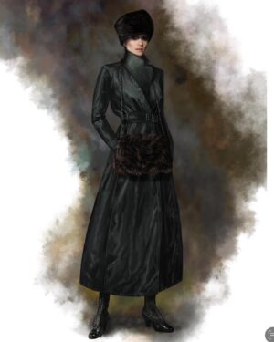 Michele Clapton Instagram - The Kings Men costumes. Here are some illustrations and fittings for Mata Hari.. A little artistic license taken with her costumes here but we based the looks on shapes that in research we noted that she wore. I loved this dark green fabrics sheen, it had depth and weight and a drape that is often missing in cotton satin. It was similar to the wonderful Glendina from Whaleys ltd.. my go to fabric of choice!!..We knew it would light well in low light which we anticipated would often be the case for her scenes in the script. I felt that it still needed a detail of extra texture so we stitched parallel lines following the shape of the collar and pocket flaps. We also had made some beautiful two tone button boots which I can’t find a photo of but these are the shoes we designed for another of her looks.. Valerie Pachner the actress was so lovely to collaborate with and endlessly patient. We had to create this jewelled and metal Mata Hari performance piece that she had to dance in for the American President. Although we don’t see much of this costume or performance in the way the scene was shot ( we were a little heart broken) Valerie was incredible as were all of the costume team involved.