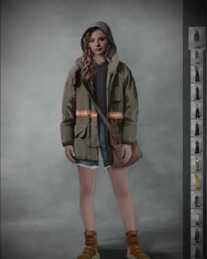 Michele Clapton Instagram - The Peripheral.
 Character Flynne Fisher 
Actor Chloë Grace Moretz 
Creating Flynne’s costumes set the tone for all the looks on the show. For the America near future looks we wanted to create a character that was relatable. She’s complicated, there’s a certain melancholy to her and she has pretty low self esteem, yet in other ways she is tough and resilient and a fighter. She’s a carer for her mum and she was close to her father who we discover has passed.
With all this in mind we started to design her looks. The oversized jacket was key, I decided that it was her Dads, (the script was changed to reflect this which was really cool) she wears it like he’s still protecting her, it comforts her and is also practical. Her trainers were part find/part build, Liz Crossman rebuilt them into high tops and added straps and colour..no small feat as we needed so many pairs. The denim shorts were also really particular in their cut, too short they looked too knowing, too long they felt like a statement.. we worked this all out in fittings with Chloë who was so engaged and brilliant.
The future London costume silhouette was based on this earlier look. I wanted it to be their interpretation of her, and I wanted Flynne to relate to it..The hood came from the jacket, the shorts became the Obi and the slim trousers reflected her bare legs. This look had to do so much and look cool of course!Texture was so important for it to look interesting on screen in all lights, Chloë also needed full movement in it to fight and allow for stunt pads..We made approximately 15 of this look to cover the show. The print I designed in house with Jack Beagley, Mel Carter (cutter extraordinaire) created the Jacket by draping on the stand, which was inspired, she really bought something very special to this piece. Verity Finney-Green created the beautiful fabric for the Obi. Emily Watson created and hand tooled the leather belt. So much of this look came together in the making of it and with Chloë’s endless passion for the character and patience in the fittings. We don’t even have a drawing of the final look, it can often happen this way.
Assistant Designer Susan Kulkarni