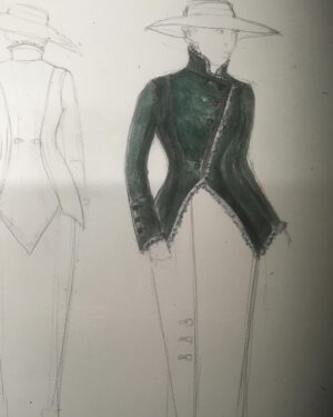Michele Clapton Instagram - The Kings Men costumes. Here are some illustrations and fittings for Mata Hari.. A little artistic license taken with her costumes here but we based the looks on shapes that in research we noted that she wore. I loved this dark green fabrics sheen, it had depth and weight and a drape that is often missing in cotton satin. It was similar to the wonderful Glendina from Whaleys ltd.. my go to fabric of choice!!..We knew it would light well in low light which we anticipated would often be the case for her scenes in the script. I felt that it still needed a detail of extra texture so we stitched parallel lines following the shape of the collar and pocket flaps. We also had made some beautiful two tone button boots which I can’t find a photo of but these are the shoes we designed for another of her looks.. Valerie Pachner the actress was so lovely to collaborate with and endlessly patient. We had to create this jewelled and metal Mata Hari performance piece that she had to dance in for the American President. Although we don’t see much of this costume or performance in the way the scene was shot ( we were a little heart broken) Valerie was incredible as were all of the costume team involved.
