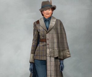 Michele Clapton Instagram - The Peripheral costumes.  Lowbeer (Alexandra Billings)
The idea for creating this costume along with many of the other costumes in this particular group for 2100 London came from the idea that they could recreate anything from the past but over time the details became lost or remembered differently. Wilf’s coat and jacket are another examples of this.  Cutter Mel Carter.  Buyer Klaire Jamin.  Illustrator Oliver Doherty.  Assistant Designer Molly Langford.