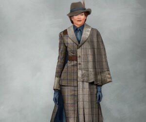 Michele Clapton Instagram - The Peripheral costumes.  Lowbeer (Alexandra Billings)
The idea for creating this costume along with many of the other costumes in this particular group for 2100 London came from the idea that they could recreate anything from the past but over time the details became lost or remembered differently. Wilf’s coat and jacket are another examples of this.  Cutter Mel Carter.  Buyer Klaire Jamin.  Illustrator Oliver Doherty.  Assistant Designer Molly Langford.