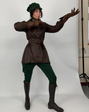 Michele Clapton Instagram - Polly’s costumes. I loved designing these! For the most part her costumes are relatively understated but the cut was key and I was lucky enough to have the genius Mel Carter as her cutter.  Gemma Arterton is wonderful to collaborate with and has such great posture and awareness of character. In the first fitting we discussed Polly and both agreed that we loved the idea of laced knee high boots being her signature item. They worked perfectly for the ‘action outfit’ but also gave the character a certain hidden strength even when dressed as staff. I wanted them to be in supple leather and to follow the line of the leg closely. I also wanted an elegant narrow cut to the toe, I wanted them to subtly elevate her station…The first look here with leather jacket and jodhpurs we actually see very late in the film, it’s a sort of revelation! I wanted it to be created out of period correct items but maybe worn in a quite racy way for women of the time, yet to be effortlessly stylish and practical. We had to make many copies of this outfit because of the cheese explosion scene..The next look here is Polly’s staff look. I didn’t want it too traditional yet it’s style would influence all of the other staff’s costumes so I had to be a little careful. I chose the colour palate of blues and pale grey which softened the usual black and white, and I dispensed with any frills, it seemed to be in keeping with my sense of Oxford and his late wife’s character.  In photo five we put together looks on stands to experiment as to how we might dress other members of staff within the same palate. The funeral suit ( fitting stage here) is very utilitarian with its bound edged patched pockets but beautifully cut. I adore the blue wool fabric  and brown binding together here. Finally I designed the green overall to delineate Polly’s different roles, so that when Conrad is finally shown the secret room we find Polly looking unlike her usual self..I thought this visually underlined his up till then exclusion.. assistant designer @sophie__oneill boots  @jitterbug.boy