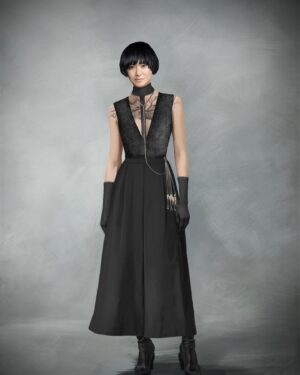Michele Clapton Instagram - The Peripheral designs for Ash. We loved this character, a blend of new and old, remembered historic cuts with original accessories giving an idea as to where her real sympathy lies…
Woven fabric by the brilliant Verity Finny Green and cut by Mel Carter and her team. Katy Hackney for fabulous chatelaine and Assistant designer Susan Kulkarni 
Illustrator the amazing Oliver Doherty..thank you all as ever…