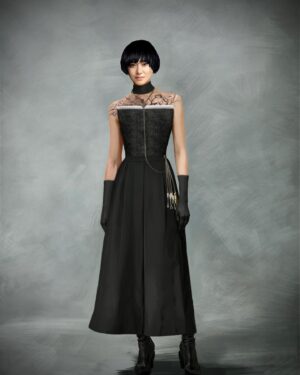 Michele Clapton Instagram - The Peripheral designs for Ash. We loved this character, a blend of new and old, remembered historic cuts with original accessories giving an idea as to where her real sympathy lies…
Woven fabric by the brilliant Verity Finny Green and cut by Mel Carter and her team. Katy Hackney for fabulous chatelaine and Assistant designer Susan Kulkarni 
Illustrator the amazing Oliver Doherty..thank you all as ever…