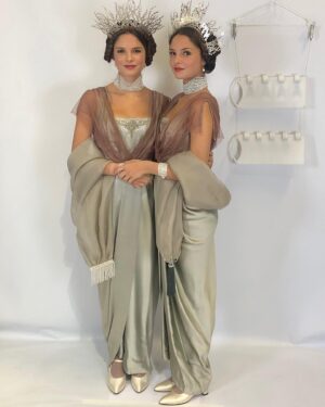 Michele Clapton Instagram - Finally on this theme some fitting photos from the Russian ball. We made approximately 50 dresses in the palate that we had decided for this scene. We found around 15 dresses in costumes houses that were also in the correct colours, that helped a bit. Along with the women’s costumes that we made in house the wonderful Hero in Poland made for us many uniforms that we also had to fit. We always need to create extra pieces in advance to fit with as scenes are not cast until near the time of filming and we needed to start the making process much earlier…so maybe 15 dresses were not eventually used…We also made all the headpieces and made and rented the other jewels. We transported all to Turin from London and then fitted the part unfinished costumes (hems etc) to supporting artists and made the necessary alterations and completed. Once fitted we dyed all the shoes and gloves to match the dresses and prepared all the military orders to be worn. It was epic and also so exciting to work with the Makeup and Hair team to see the looks coming together. Thank you to all the British and Italian Costume depts, such great work and attention to detail, you really helped to realise the vision. It takes an army to create these scenes and we are just one department of many…