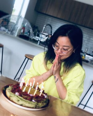 Michelle Ang Instagram - Wished for many things on this new trip round the sun. It’s been a day full of many blessings and feelings of gratefulness. Touched by all the well wishes - much love everyone 💕 Beautiful matcha cherry cake courtesy of @fl0bie 🥰