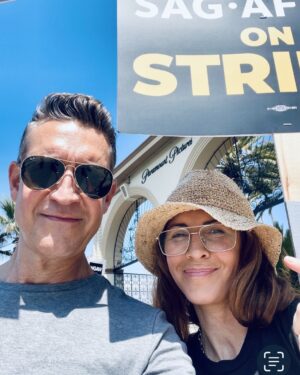 Michelle Clunie Instagram - Strike ends at midnight! My brother recently told me a story about when my grandfather was a young man and the part he played in forming the unions. It made me think of everything Americans have given up to create and protect our unions and now we can proudly say we have played our part and contributed. I’m so proud our union held out. I’ve been a union girl longer than I haven’t. Here is to creating what we love with dignity and collaboration and  getting back to the business of storytelling. Let’s not forget to keep giving to all the funds that will keep our fellow actors and crew members going until the work starts flowing again. #unionstrong #uniongirl @robertgant walking the line!!