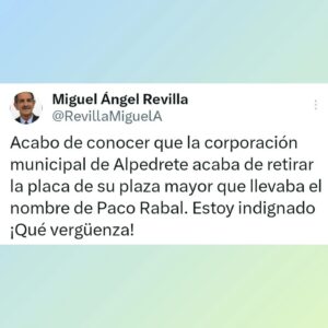 Miguel Ángel Revilla Instagram - Acabo de conocer que la corporación municipal de Alpedrete acaba de retirar la placa de su plaza mayor que llevaba el nombre de Paco Rabal. Estoy indignado  ¡Qué vergüenza!