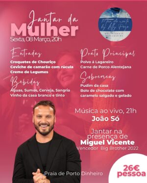 Miguel Vicente Instagram - Do @bigbrothertvi para o @mardonorteportodinheiro, @miguelvicente_oficial é o nosso convidado especial para estar presente no Dia Internacional da Mulher.

Para este dia especial temos 2 programas especiais para si.
A partir das 20h temos um jantar do dia da mulher com @miguelvicente_oficial onde poderá conhecer o ex-concorrente do Big Brother, este jantar tem um menu especial para as mulheres e ainda música ao vivo ao som @joao.maferreira .

 

Reservas Jantar : 
@mardonortebylillypozo  351 925 463 426