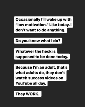 Mike Cernovich Instagram - Occasionally I’ll wake up with “low motivation.” Like today. I don’t want to do anything.

Do you know what I do? 

Whatever the heck is supposed to be done today.

Because I’m an adult, that’s what adults do, they don’t watch success videos on YouTube all day. 

They WORK.