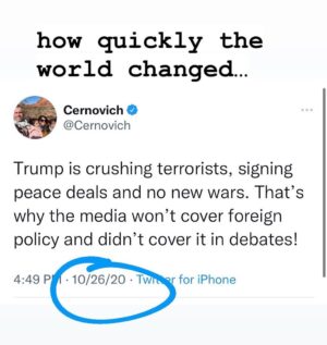 Mike Cernovich Instagram - - Russia did not invade under Trump. 

- Trump armed Ukraine. 

- Presidential debate (final and most important) didn’t cover foreign policy, as the world was approaching total peace.

Trump was the peacemaker. America was strong.

These are only the facts.