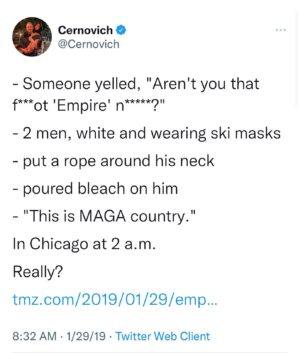 Mike Cernovich Instagram - Folks, this is how the #JussieSmollett hoax was sold from day 1. (Check the date.)

It wasn’t remotely believable, and still was pushed by Biden, Harris, CNN, and every media outlet.