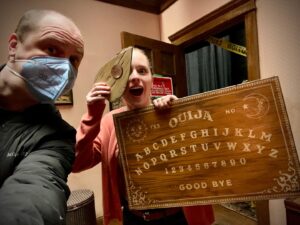 Mike Flanagan Instagram - On set of THE FALL OF THE HOUSE OF USHER: an amazing reunion with Lulu Wilson and the actual screen-used board and planchette from OUIJA: ORIGIN OF EVIL. You can them all together on screen in episode 1. 

#thefallofthehouseofusher #ouijaoriginofevil