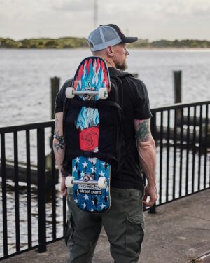 Mike Vallely Instagram - 2011, I signed up for a @goruck Challenge in Las Vegas, Nevada (Pic 2). The GORUCK Challenge is a 12-hour, 15-20-mile team-building endurance event dreamed up by Green Beret and GORUCK founder @jasonjmccarthy to spotlight the quality of GORUCK Rucksacks to the world. This event introduced me to the best backpacks I have ever used and opened my eyes to what it really means to be a part of a team, imparting profound lessons that I incorporate into my daily life. From there, I went on to do the first ever GORUCK Ascent (Pic 3) in Colorado, and not only did I walk away from these events a more in-tune and better person, but I also developed a long-standing friendship with Jason, who continues to make me a better person, and even a surfer, haha (Pic 10).

Since 2011, I have always Rucked, whether while walking the dogs (Pic 1), on a hike, or as part of a workout. At the start of the pandemic, my daughter @lucy_vallely and I took to Rucking as a form of exercise and a therapeutic answer to the mental toll of the lockdown. We covered much ground, up, down, and across Long Beach, California (Pics 4&5), and then we took to the road, hiking the Grand Canyon together (Pic 6); doing so is one of my fondest memories of that difficult time.

In April of 2022, on behalf of GORUCK, I attended @sandlotjax, where I made my last ever public skating appearance (Pic 7), doing what I have always done: sharing and promoting the love and fun of Skateboarding. Shortly after, my company, @streetplant, and GORUCK collaborated on a Signature Skate Rucksack (Pic 8) and a Skateboard Deck with art by @rdsparks (Pic 9). The Skate Rucksacks sold out fast, but we plan to make more. The Board is still available from Street Plant.

Today, I am honored to say that I am working with GORUCK to continue to bring awareness to Rucking as a meaningful form of exercise and to share the gear I use for travel. Check out @goruck, and if you want to purchase some GORUCK gear, you can save 10% using my discount code at checkout: MIKE10—link in bio.

#GORUCK