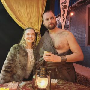 Miles Luna Instagram - Found out there was a roleplaying tavern in Austin (@thetinyminotaur). Wrapped self in sheets.
