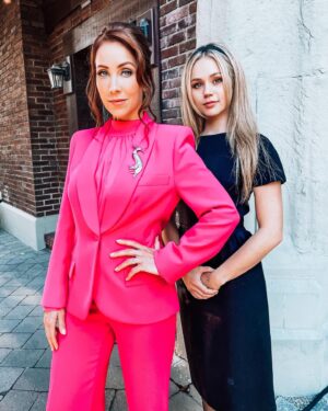 Miranda Frigon Instagram - Showin off my sweeeeet retro hot pink pantsuit (pretending the camera just happened to capture me that way) and posing with my talented, gorgeous tv daughter @brecbassinger  This is just one of my awesome wardrobe stylings by the fabulous @jddevine_ in the #vcandrews limited series “DAWN” currently airing on @lifetimetv  Stay tuned for the 3rd movie tmrw night - Saturday at 8/7c  All the movies are available for streaming on the #lifetime app after they air if you don’t have the channel. Hope you can tune in!!