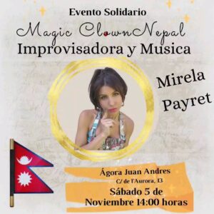 Mirela Payret Instagram - Evento artístico solidario para recaudar fondos y acercar arte y cultura a les niñes del pueblo Nepalí... 

Este Sabado 5/11 @magic.clown_nepal
TALLARINATA y bebidas a precios populares!! 

@juanmuniagurria y yo 🙋🏼‍♀️ haremos MÚSICA EN VIVO con otres pedazo de artistas. 

Y actuamos JUEGO DE IMPROVISACIÓN TEATRAL, para ustedes, divertidísimo!! 

Después CABARET MAGIC & CLOWN 

Entrada libre.

👇🏾💥
Magic Clown Nepal 2023 

Este es un proyecto que ha creado @elmagicandreu desde el año 2010, este año tendrá la colaboración de la magica @calimofu en donde se unirán las fuerza del clown y la magia. De esta fusión se ha creado el espectáculo “Magic Dreams”. 

Durante todos estos años El #MagicAndreu a colaborado con la población Nepali en escuelas, centros sociales, hospitales, orfanatos, con niños y niñas de la calle y con personas con diferentes problemas sociales. Llevando la ilusión, magia y comedia a los lugares más increíbles e insospechados. 

Nuestra intención es seguir llevando la ilusión a este país pero esta vez introduciendo el clown.
El poder llevar magia y el clown a un país donde los niños, ninas y adultos no tienen muchas posibilidades de ver un espectáculo de estas características, es una forma de entregar alegría, risas y esperanza a una comunidad muy necesitada de ello. (Puedes ver las fotos de eventos anteriores en @magic.clown_nepal )

Todas las actividades realizadas serán gratuitas para la comunidad que se encuentra en una pobreza extrema. 

Este proyecto se iniciara en Enero de 2023 en Katmandu y en varias provincias Nepalis. 

Artistas colaborando:
@domi.mau @kotten_bz @johnnymelville_energysculptor @minimariano @aryn_ag @pedro.larraya @pauli.hening @magstigman  @ceci_cubeta @ecosalvaje.77 @lilycolombiaoficial @jeronimorabell @salvador_mochilo 

#livemusic #barcelonamusic #clown #magia 
#improTeatro #nepal