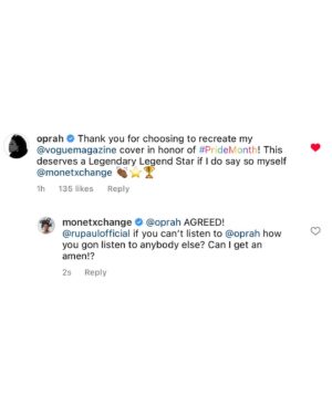 Monét X Change Instagram - Wow, just wow. Paying homage to the queen of all media @oprah. Very grateful to @voguemagazine for this opportunity and so happy to show this to my grandmother!! I sat many a school afternoon watching the Oprah Winfrey Show with her…and this full circle moment is next level ♥️. 
•
@gisforgodoy created this look pretty much overnight, and @sanchezzalba captured it gorgeously.