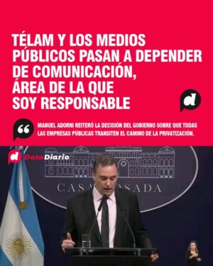 Mónica Cabrera Instagram - #Repost @datadiario 
——
💥 ADORNI SERÁ EL ENCARGADO DE TÉLAM

🟣 El vocero Presidencial @MAdorni, lo confirmó en conferencia de prensa. 

🗣 "Las empresas públicas como Télam y otros medios públicos pasarán a la órbita de comunicación, donde soy el jefe. El plan sigue siendo el mismo: cerrar Télam y que el resto transiten el camino de la privatización".