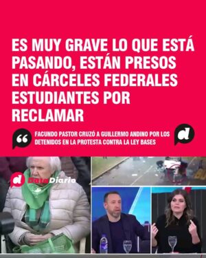 Mónica Cabrera Instagram - #Repost @datadiario 
——
🚨El cruce entre Andino y Facundo Pastor en A24 por los detenidos:

🗣️Facundo Pastor: "Es muy grave lo que está pasando, están presos en cárceles federales, estudiantes por reclamar"

🔴Mientras tanto, continúa el reclamo por los detenidos en la protesta contra la Ley Bases. Organismos, dirigentes y familiares se concentran en la puerta de SERPAJ para exigir la liberación de los 16 presos políticos que aún permanecen detenidos.
#libertadalospresos #argentina