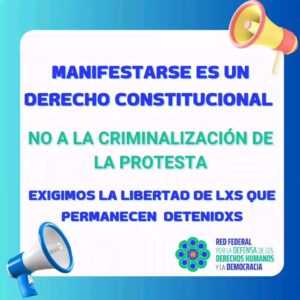 Mónica Cabrera Instagram - #Repost @redfederalddhhydemocracia 
——
Desde la Red Federal por la Defensa de los DDHH y la Democracia rechazamos las imputaciones realizadas por el Fiscal sobre la totalidad de lxs detenidxs y exigimos la inmediata libertad de lxs compañerxs que permanecen aún encarceladxs. 

Manifestarse libremente y protestar son derechos constitucionales. No a la criminalización de la protesta. 

¡Ningún presx por luchar! ¡No a la Ley Bases! ¡No al DNU 70/23! ¡Abajo el Protocolo Antiprotesta de Bullrich!

#noalaleybases 
#abajoeldnu 
#fuerabullrich