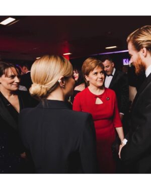 Morven Christie Instagram - #BAFTAScot18 last night, with @thecooksan (👑)who flew home from tour for less than 24hrs just to be my arm candy
❤️
Loved meeting @nicolasturgeon with Jude and Jack. 💙🏴󠁧󠁢󠁳󠁣󠁴󠁿💙
(Me styled by me, shoes and bag generously loaned by @louboutinworld 👠)
Thanks for having us @baftascotland (and for the nomination!) ✨
