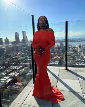 Nana Mensah Instagram - Thank you all for making #TheDiplomat number☝🏿on @netflix and giving me this excuse to post more pics of my premiere lewk! #styledbyzadrianandsarah 

Dress 🍊: @gretaconstantine 
Shoes: @stuartweitzman 
Bag: @jeffreylevinson 
Jewelry: @sterlingforever, @grazielagems 
Make Up: @billieegene
Hair: @braidzbyjadey as well as Selena at @hairbysusy using the wonderful product @rebundle.co 

📸 taken at Park Lane Hotel and the spectacular @civilianhotel rooftop