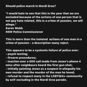 Narelda Jacobs Instagram - Should police march?

Mardi Gras is meeting about this today.