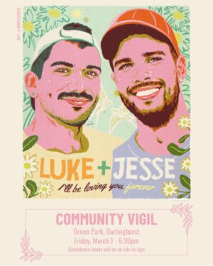 Narelda Jacobs Instagram - Repost from @10newsfirst 

Join us tomorrow night for a community vigil for Luke and Jesse - 6.30pm at Green Park, Darlinghurst.

This vigil has been organised with the consent of both families and condolence books for them will be available for signing.
