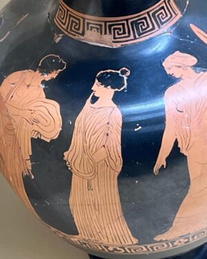 Natalie Haynes Instagram - What, Instagram, do we think is going on here? I love this girl biting her frock - or are they folding laundry? I  don’t think I have ever seen such a posture on another vase - it’s so funny and cute. Whatever they’re doing, she is flirting like crazy, because LOOK at that reaction shot behind her