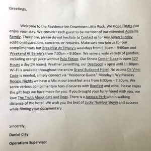 Nathan Fielder Instagram - While we were in Little Rock filming Finding Frances, the manager at one of our hotels left me this letter and I think it’s the best