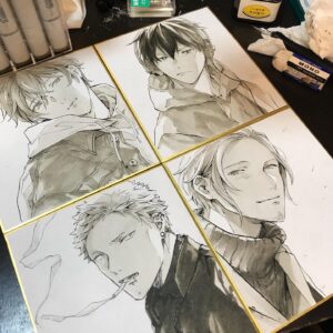 Natsuki Kizu Instagram - アニメ化のなんかのプロモーション用に描いた色紙
この時Gペン指に刺して黒子できました。