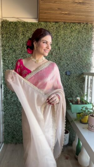 Neha Kaul Instagram - This rose gold tissue silk saree with pichwai inspired embroidered chinon silk blouse from @pallavcollections is like wearing a cloud. The grace in this saree is unmatched 🤌🏻

#sareelover #saree #tissuesilksaree #buysareesonline #indianwear #actor #influencer #trendingreels #buysmallbusiness #supportsmallbusiness