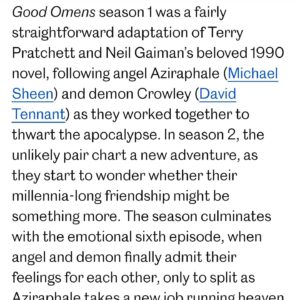 Neil Gaiman Instagram - Given the competition, it's thrilling to see Good Omens Season 2 Episode 6 as one of Entertainment Weekly's 20  Best Episodes of TV in 2023. (Spoilers in the review, though.)