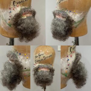 Neil Gaiman Instagram - Neil Gaiman’s Beard— for those who are curious about the process of making the beard, here are some fun facts! Initially, I made a mold of Neil’s face with a plastic bag, tape and sharpies so I could have the most accurate form to build on. I laid a fine theatrical translucent lace, pinned it into place, and tied single hairs on each ladder of the lace netting. This process can feel very monotonous and tedious, but it allowed me to place every single strand with intention to create the most natural blend of gray. This piece took about 20 hours to hand tie, because you have to tie the knots in a very specific direction to mimic the hair growth pattern— meaning I had to ventilate (knot) with the block in my lap, cradled by plushies instead of on a typical clamp stand that we would build a wig on. For reference, a fully hand tied wig takes about 60-100 hours depending on how specific you need to tie the growth pattern. After I was satisfied with the color blend, I did a very tiny roller set to achieve the texture of Neil’s actual facial hair, and barbered  it in the shape of the color reference photo. Dickens had some fun facial shapes over his life, and we went with the style that was contemporary to the first reading of a Christmas Carol in NYC IN 1867. 🎄🎅🏻