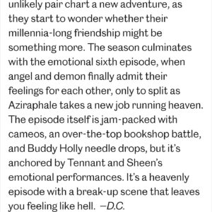 Neil Gaiman Instagram - Given the competition, it's thrilling to see Good Omens Season 2 Episode 6 as one of Entertainment Weekly's 20  Best Episodes of TV in 2023. (Spoilers in the review, though.)
