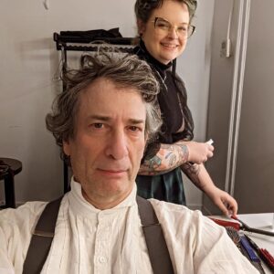 Neil Gaiman Instagram - Attend the tale of Sweeney Gaiman... About to get my beard on. @loryn_pretorius is making me look Dickens. Next photo will be the finished article.