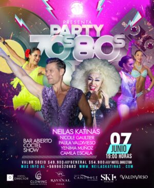 Neilas Katinas Instagram - 🪩70s 80s Party🪩
🪩CÓCTEL🪩SHOW🪩BAR ABIERTO🪩
Día : Viernes 7 de Junio
Hora : desde las 19hrs
Lugar : Vitacura 3600 @hotel.director 
Valor Socio : $49.900  Gral : $54.900
Show Estelar a cargo de :
@neilaskatinas @nicolegaultier @cami.escala @paula.valdivieso.5 @yenima_24 
Música de @danieladuartedj 
Sponsors Oficiales de @lets_dance_by_neilas 
@vinaravanal 
@clinicaglowing 
@skinlab_cl 
@valdiviesochile 
@pasteleriacandelle 
@hotel.director 
✨DRESSCODE : años 70 o años 80 TU ELIGES!✨
Compra tu entrada en la web 
www.neilaskatinas.com
 569 9632 0683
