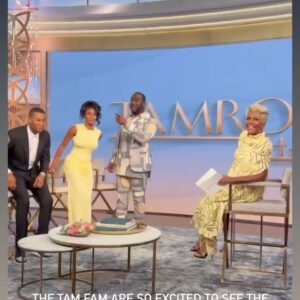 Nicco Annan Instagram - The Golden show on the Golden hour of the Season premiere of the @tamronhallshow w/ @tamronhall  myself and the fiercely talented cast of @pvalleystarz  @shannonthornt_n  @j_fonz @gail__bean  We gonna wear our crowns 👑✨ and stand in the sun ☀️✨. 

This denim tunic tuxedo is designed by @octaviusterry 
Styled by @icontips