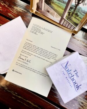 Nicholas Sparks Instagram - Apologies for making you cry for decades! 🤣 

I can’t believe it’s been 30 years since I wrote #TheNotebook! I wrote the ending first, and once I knew I could make that work, I wrote the reunion, the prologue and then the rest of the novel. 

My literary agent recently found this first edition treasure in her office so we’re going to #FBF to when exclusive linen handkerchiefs were sent to select recipients of my novel. 

I was also reminded of this when I recently saw @NotebookMusical on Broadway and they were handing out special tissues!! 👏