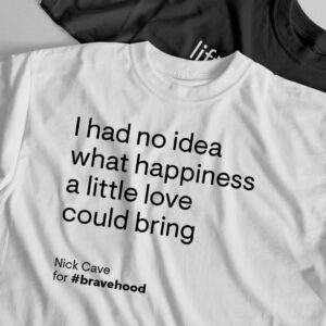 Nick Cave Instagram - #bravehood is a global charity campaign initiated by non-profit organisation @guidinglight.global in partnership with @unicef to support children in Ukraine with food, emergency shelter, healthcare, and psycho-social support. 
Organic cotton merchandise featuring lyrics by Nick Cave can be purchased via the link in the bio, with all net proceeds going to UNICEF’s emergency relief efforts for Ukraine.