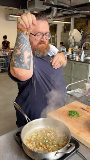 Nick Frost Instagram - Why hello! My name is Nick Frost (@friedgold) and I’ve been in Mob to cook up my mother’s beef stroganoff. When I was ten, the thing I liked to eat more than anything was my mum’s beef stroganoff. It was rich, it was glossy, it was spicy, and I loved it. You can find the full recipe for my version of it on the Mob website and plenty of more recipes and memories from me in my new book, A Slice of Fried Gold. It’s out now. #Ad #Mob
