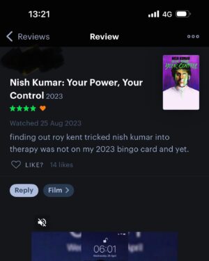 Nish Kumar Instagram - Get Brett's podcast wherever you get your podcasts. Me and him talk about our favourite films of 2023. We are aware that it's June 2024. Part one out now and part two is out next week.

Here's a picture of me and Bretty, the podcast image and a Letterboxd review of my stand up show available now (link in bio).